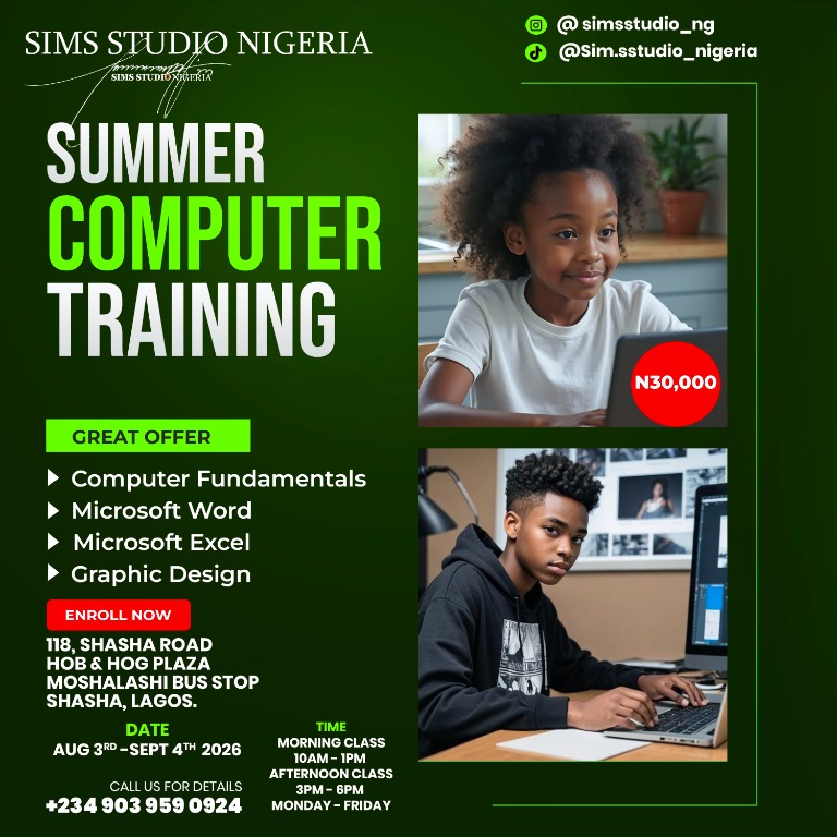 Sims Studio Nigeria summer computer training flyer